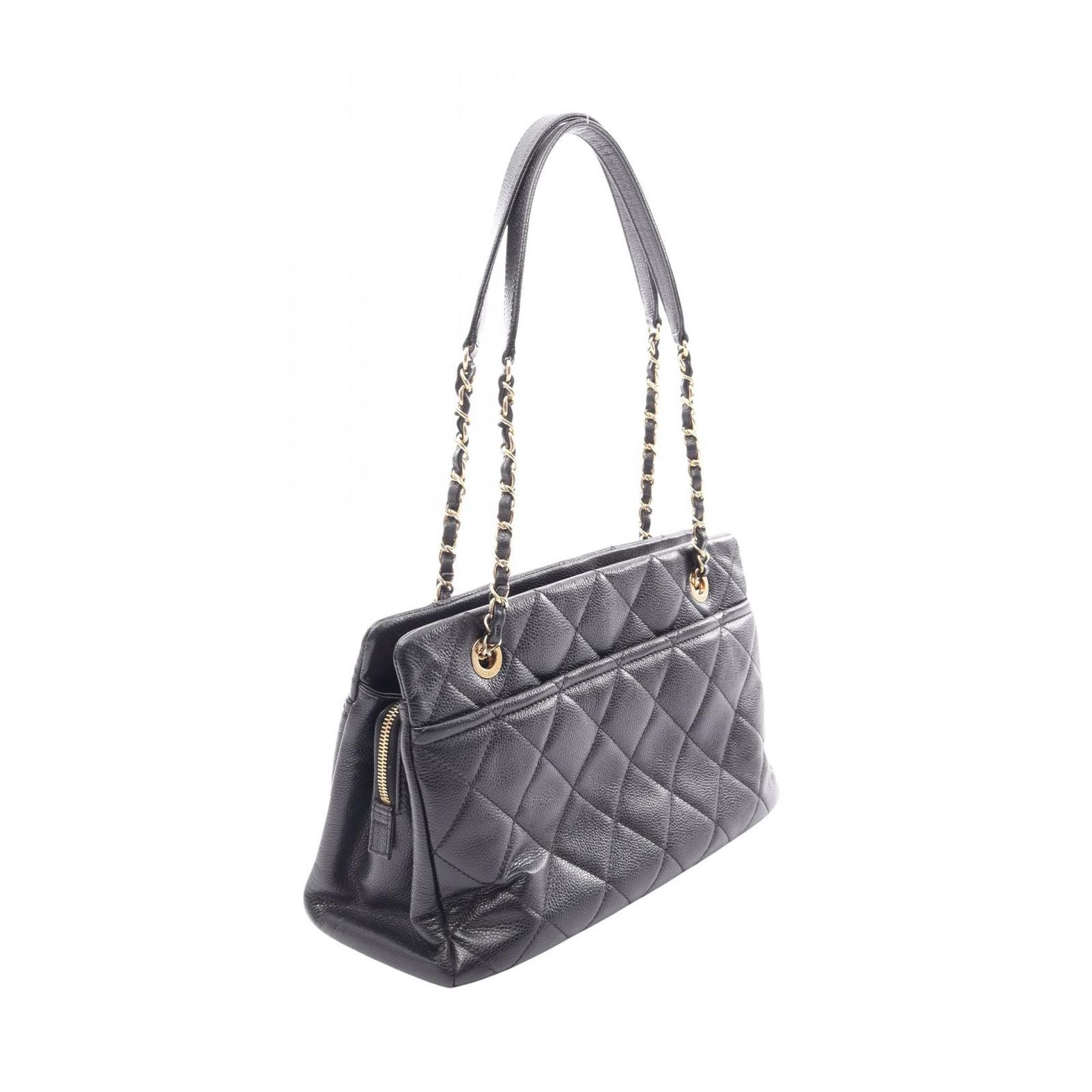 Chanel Tote Quilted Black Caviar Leather CC Logo Chain — view 2