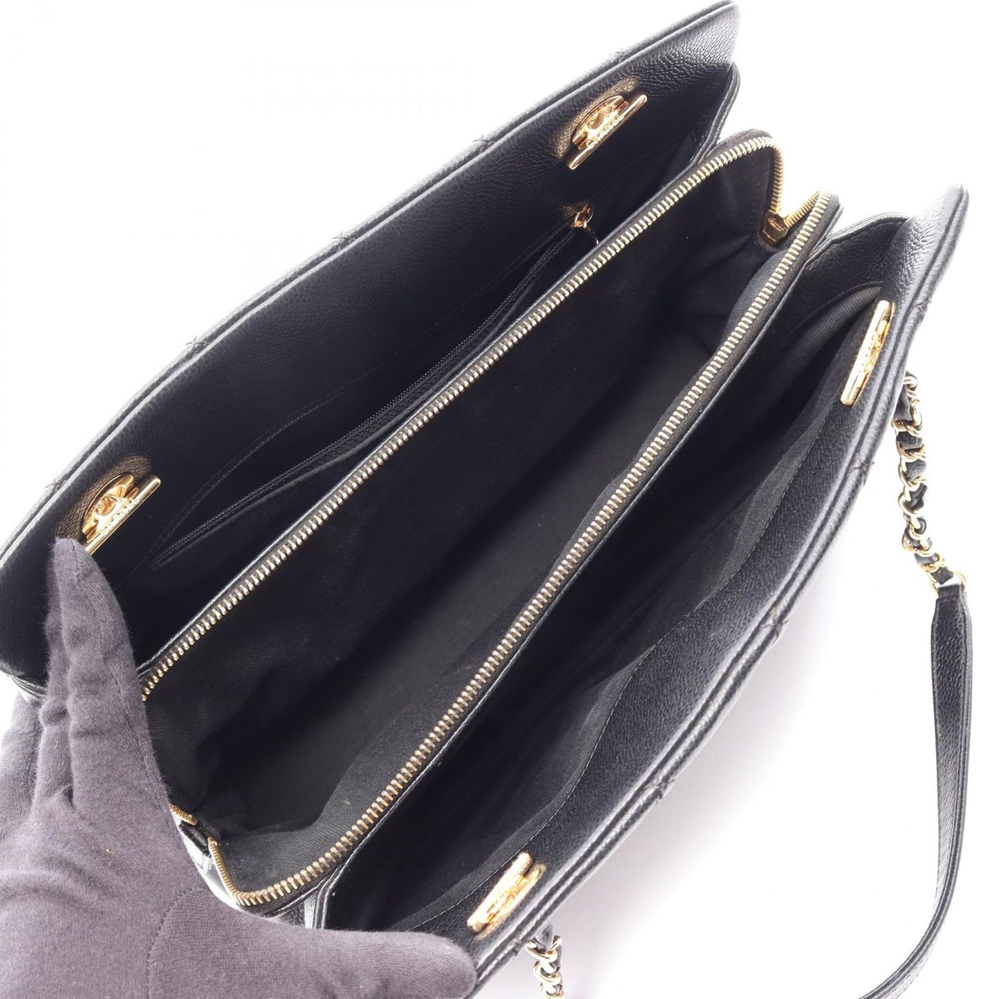 Chanel Tote Quilted Black Caviar Leather CC Logo Chain — view 3