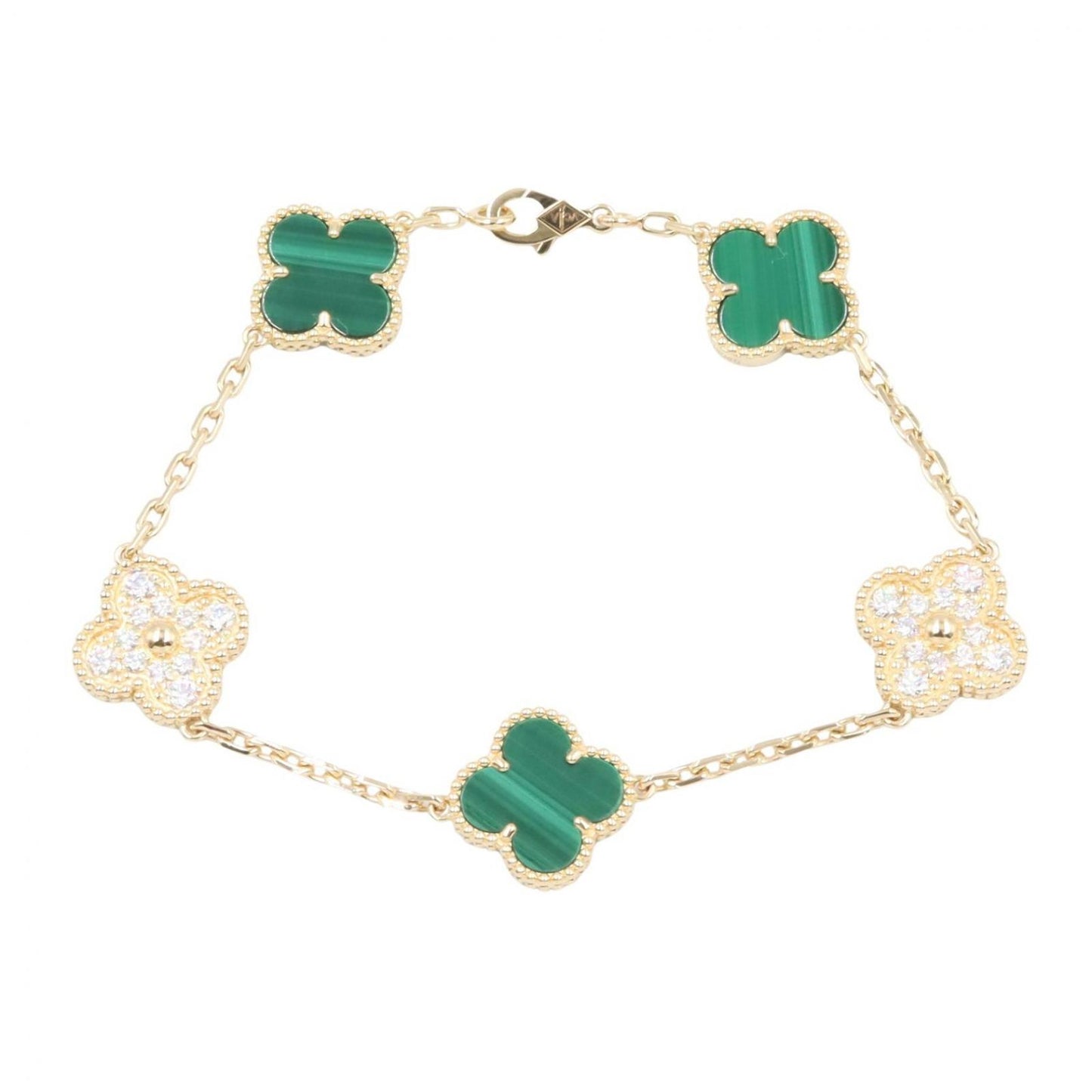 Van Cleef & Arpels Bracelet Vintage Alhambra 5 Motif Malachite Diamond 17.5 cm