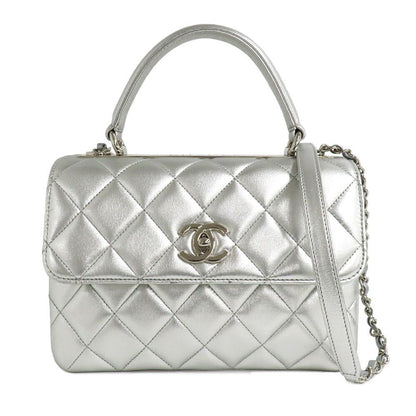 Chanel Top Handle Flap Bag Quilted Silver Lambskin