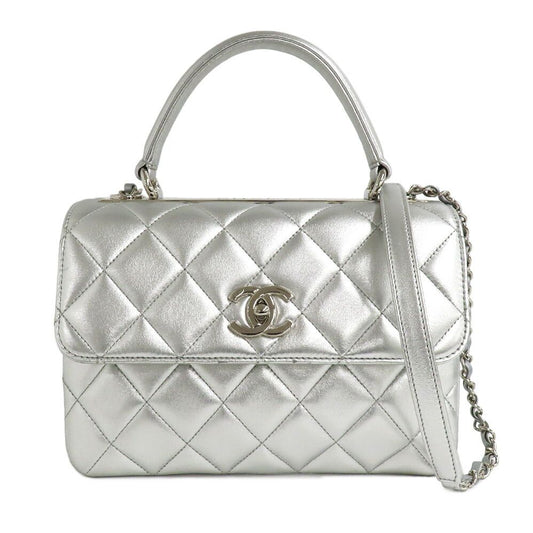Chanel Top Handle Flap Bag Quilted Silver Lambskin