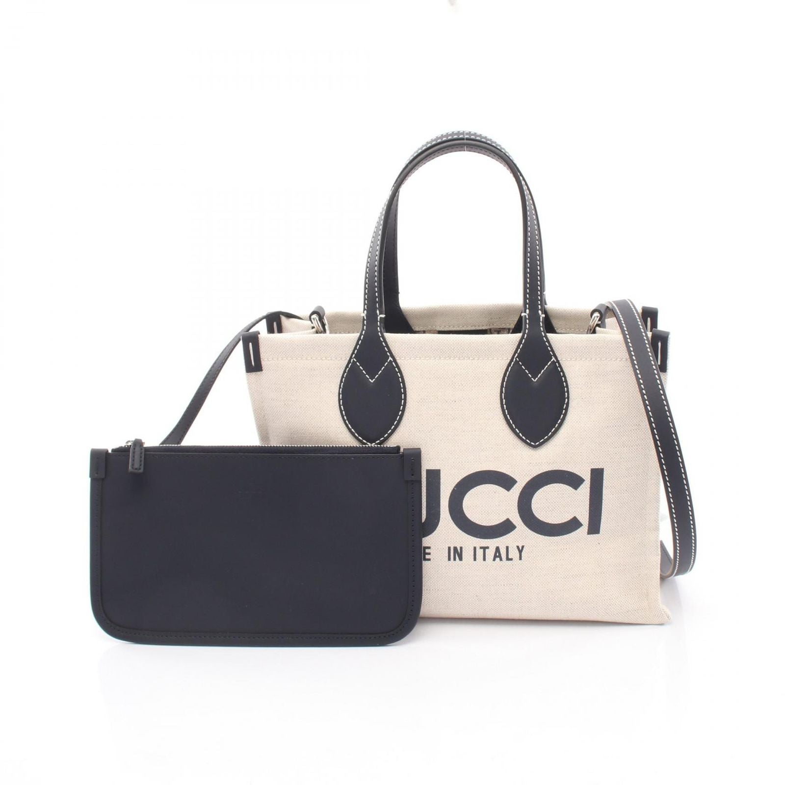Gucci Tote Print Mini 2-Way Natural Navy Canvas Leather Logo Small