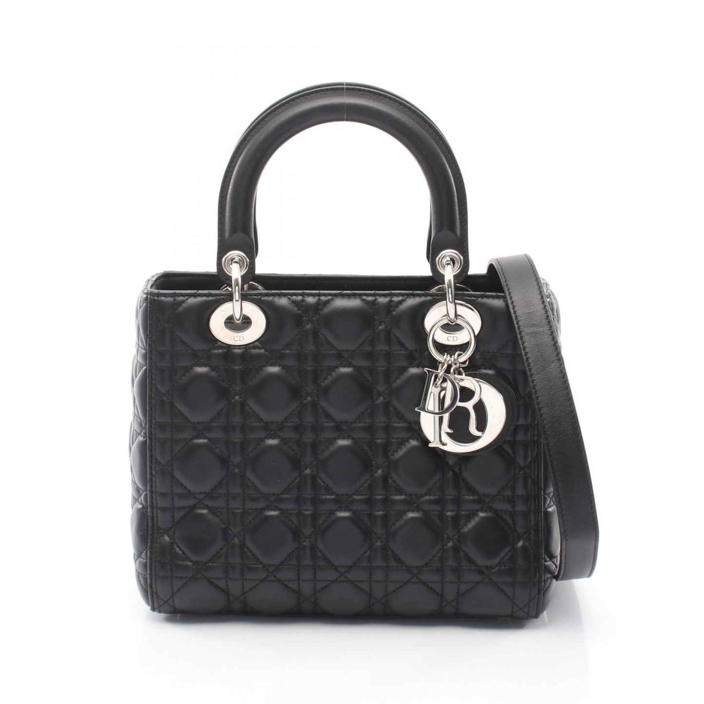 Dior Handbag Lady Dior 2-Way Black Leather Cannage Tote Midi