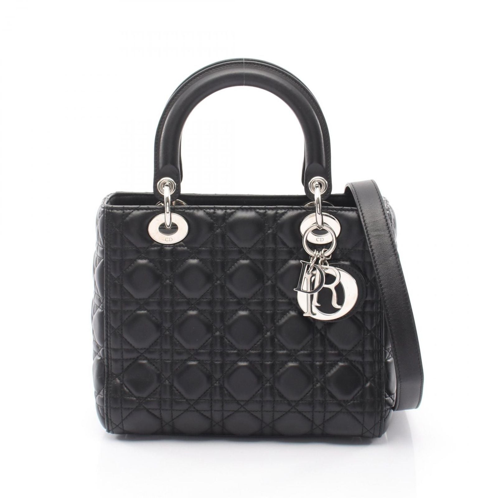 Dior Handbag Lady Dior 2-Way Black Leather Cannage Tote Midi