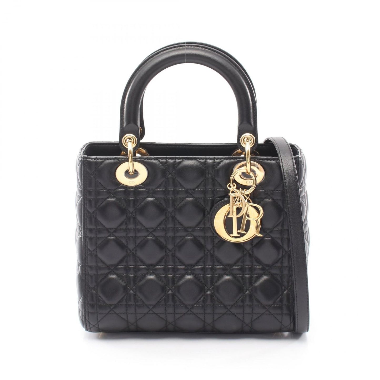 Dior Handbag Lady Dior 2-Way Black Leather Cannage Tote Midi