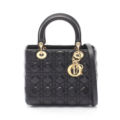 Dior Handbag Lady Dior 2-Way Black Leather Cannage Tote Midi