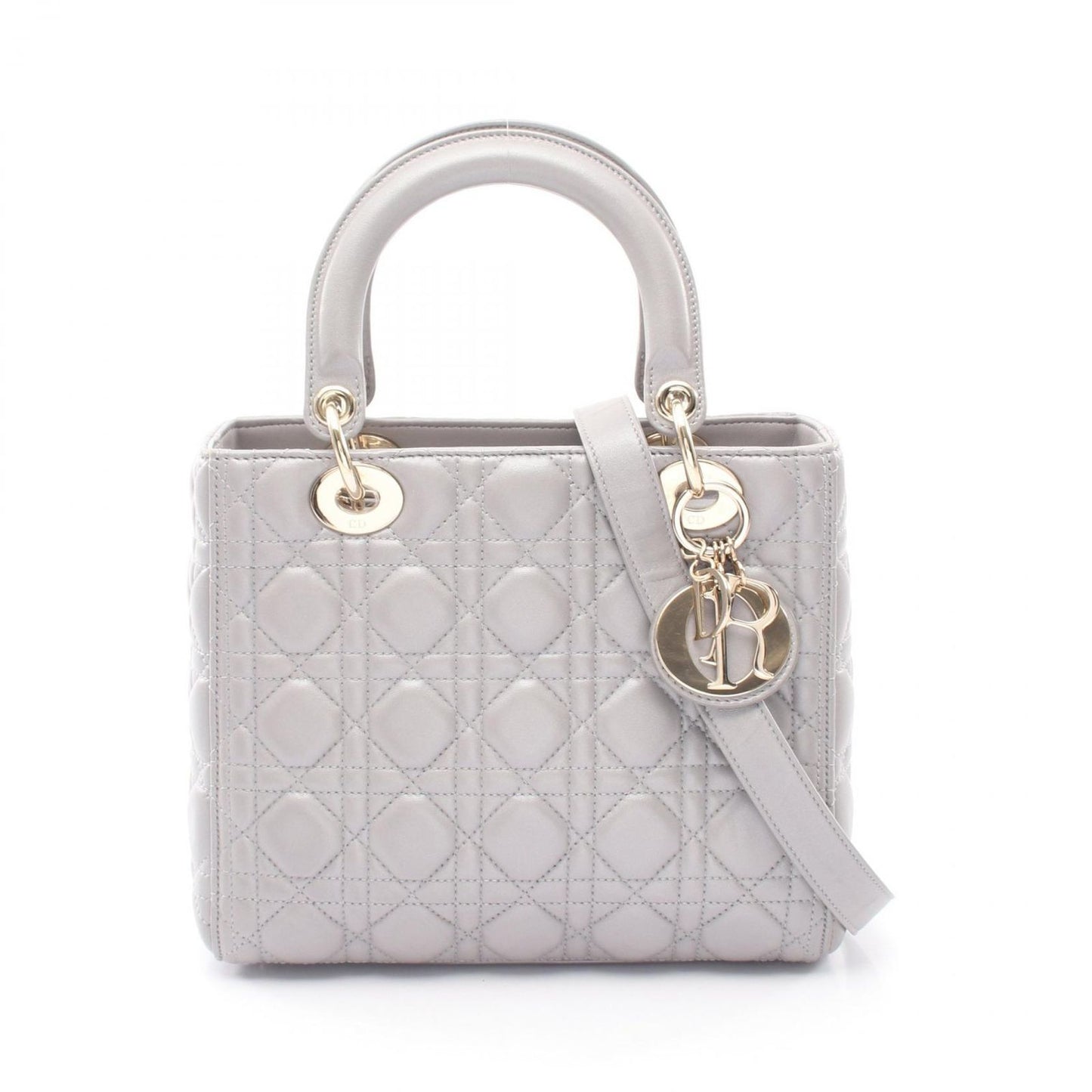 Dior Handbag Lady Dior 2-Way Gray Leather Cannage Tote Midi
