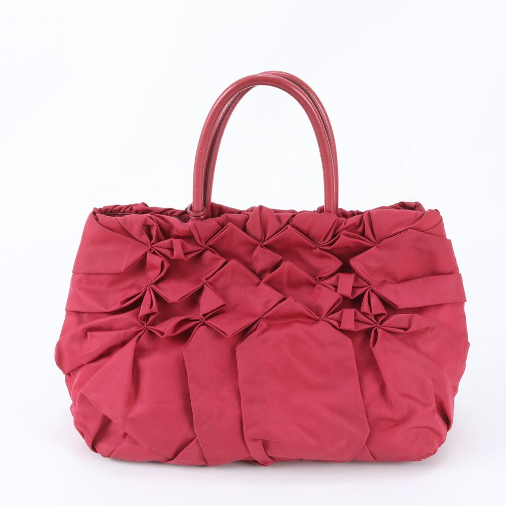 Prada Tessuto Nylon Triangle Logo Ruffle Leather Tote Shoulder Hand — view 3