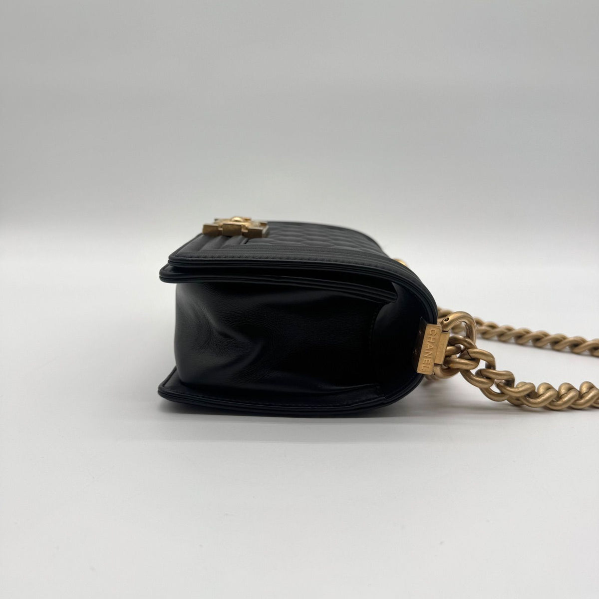 Chanel Shoulder Bag Boy Lambskin CC Logo Quilted Turnlock Gold Leather Black — view 3