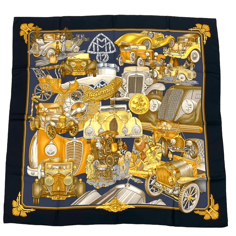 Hermes Carre 90 Automobile Black Gold Scarf Silk