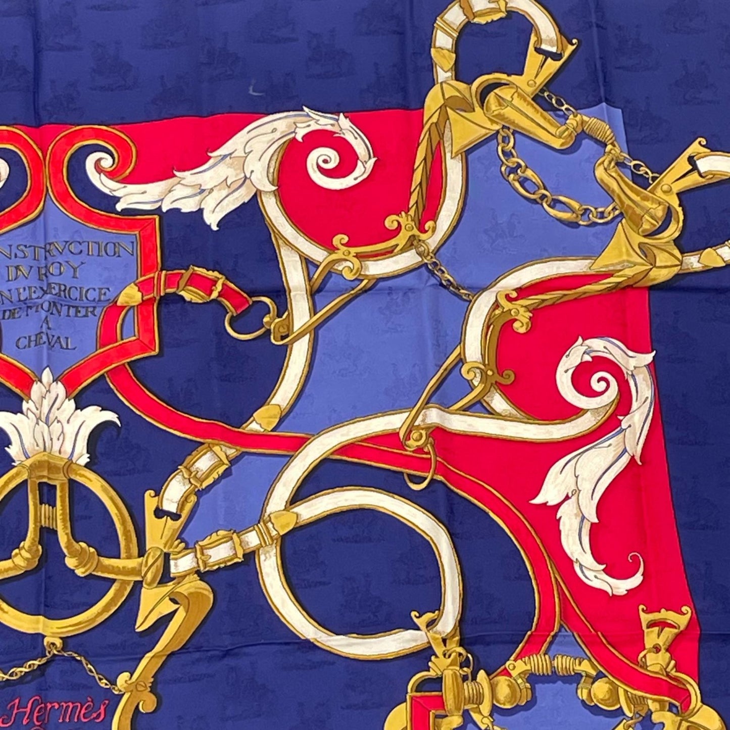 Hermes Carre 90 L'instruction du Roy Imperial Science Blue Red Silk Scarf — view 3
