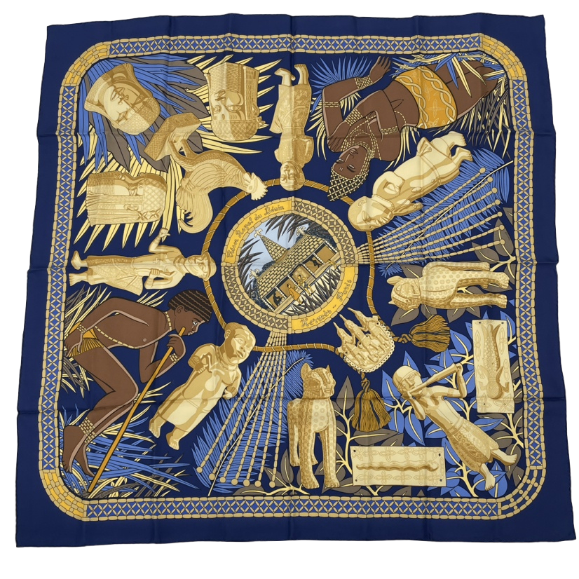 Hermes Scarf Carre 90 Royal Treasures of Benin Blue