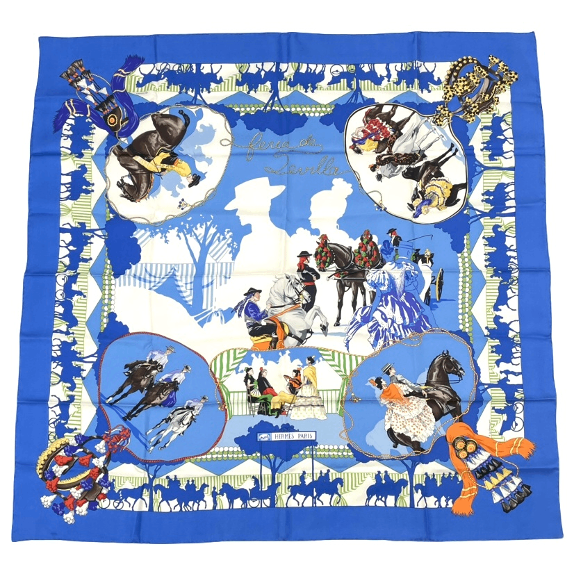 Hermes Scarf Carre 90 Feria de Sevilla Holidays in Seville Silk 100% Blue