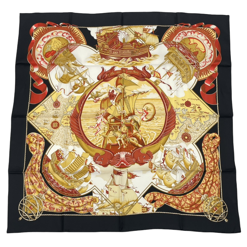 Hermes Scarf Carre 90 Pau Dela Des Cinq Mers Across the Five Seas Silk Black