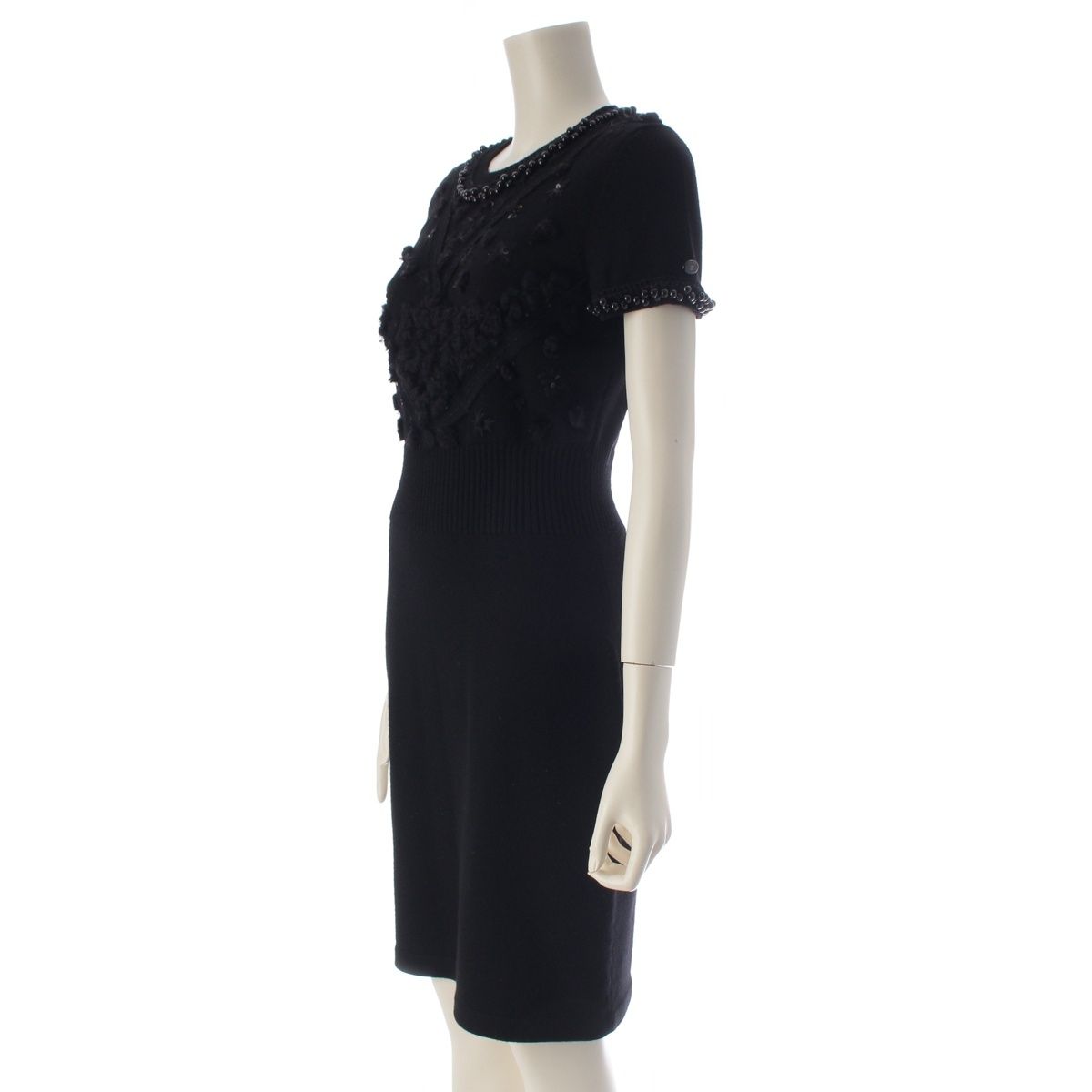 Chanel Wool Knit Bead Embroidery Short Sleeve Dress Black 38 — view 2