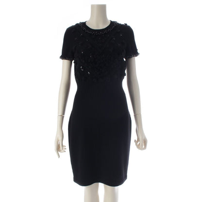 Chanel Wool Knit Bead Embroidery Short Sleeve Dress Black 38