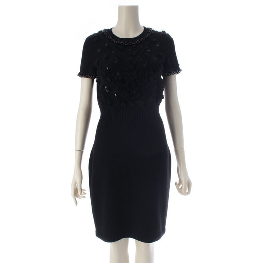 Chanel Wool Knit Bead Embroidery Short Sleeve Dress Black 38