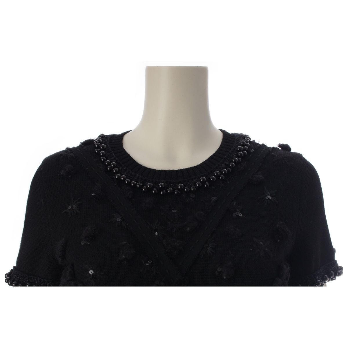 Chanel Wool Knit Bead Embroidery Short Sleeve Dress Black 38 — view 5