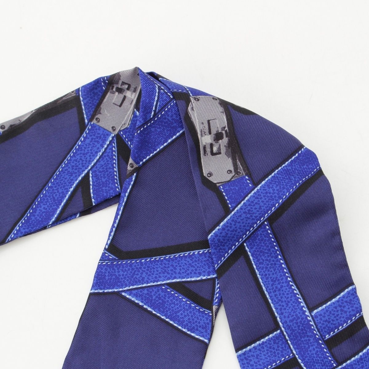 Hermes Twilly Silk Kelly Croam Motif Belt Pattern Scarf Blue — view 2