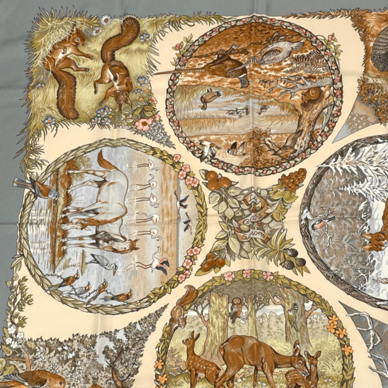 Hermes Carre 90 les Quatre Saisons Four Seasons Brown Animal Flower Scarf Silk — view 2