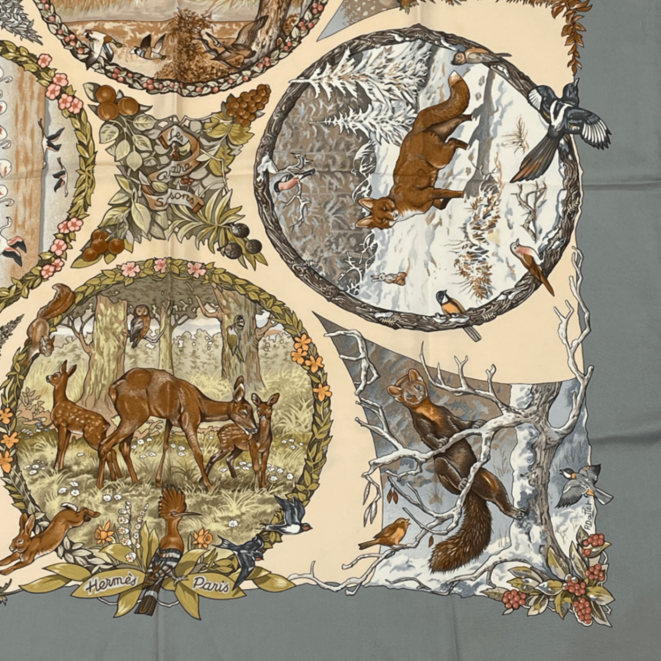 Hermes Carre 90 les Quatre Saisons Four Seasons Brown Animal Flower Scarf Silk — view 5
