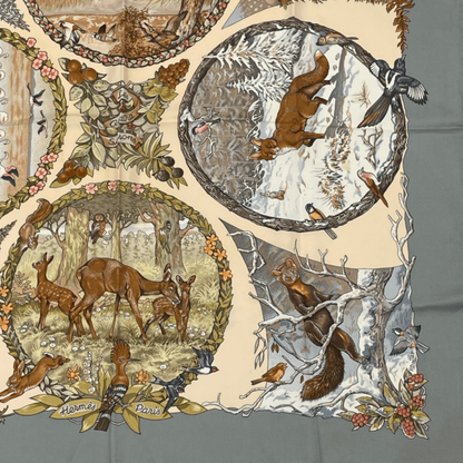 Hermes Carre 90 les Quatre Saisons Four Seasons Brown Animal Flower Scarf Silk — view 5