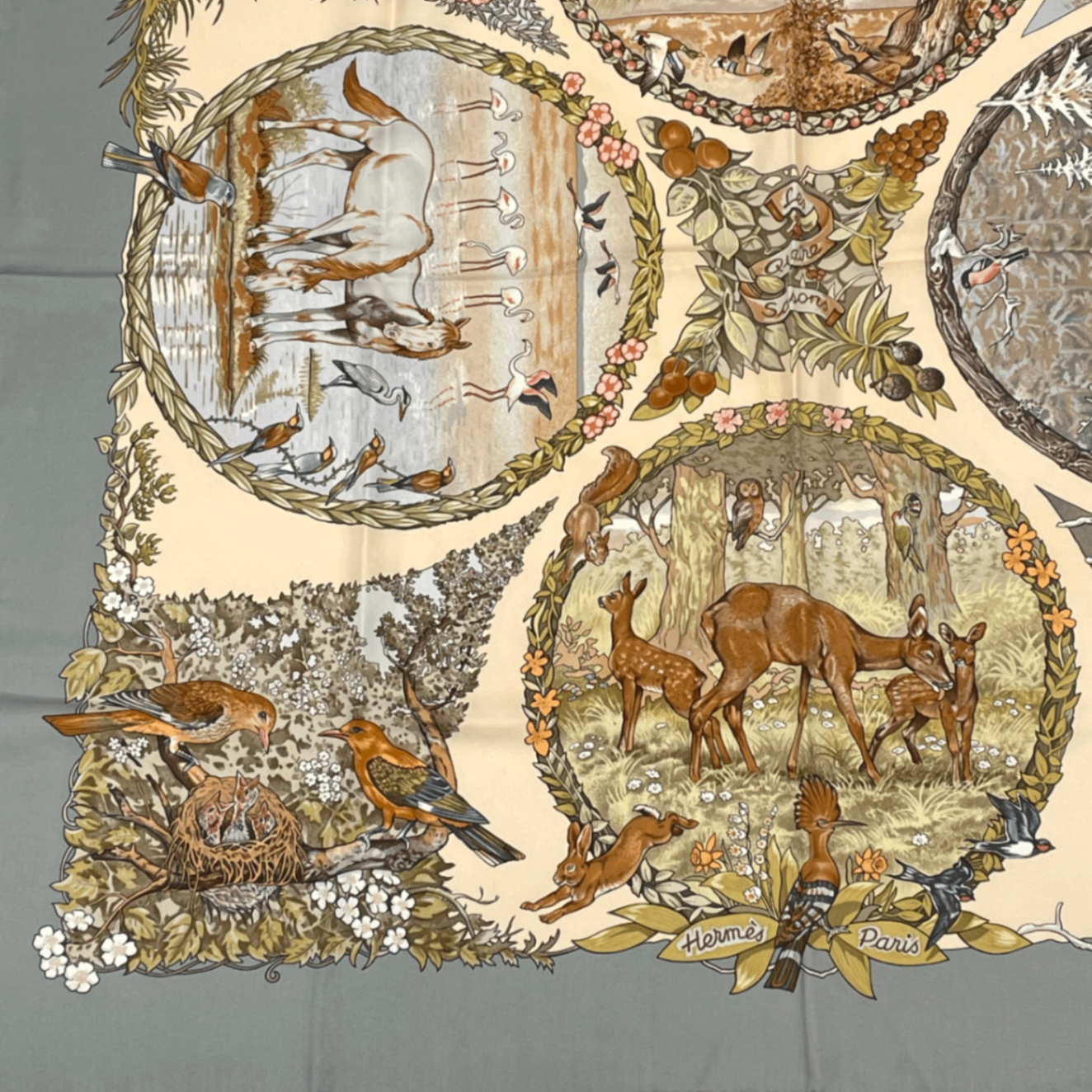 Hermes Carre 90 les Quatre Saisons Four Seasons Brown Animal Flower Scarf Silk — view 4