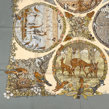 Hermes Carre 90 les Quatre Saisons Four Seasons Brown Animal Flower Scarf Silk — view 4