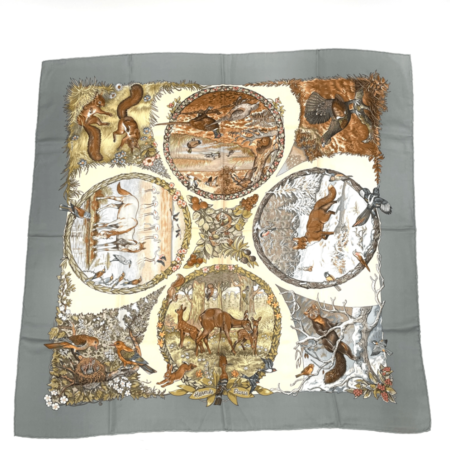 Hermes Carre 90 les Quatre Saisons Four Seasons Brown Animal Flower Scarf Silk