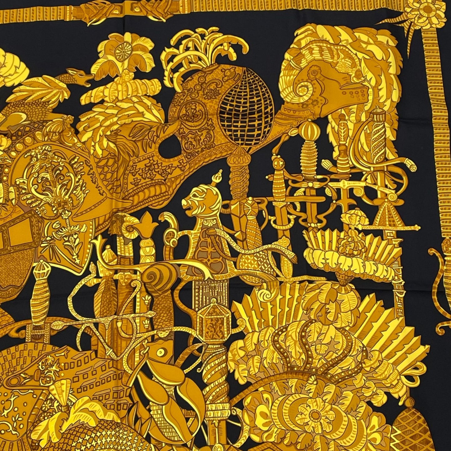 Hermes Carre 90 Armets en Panache Feathered Cavalry Helmet Black Gold Scarf Silk — view 3
