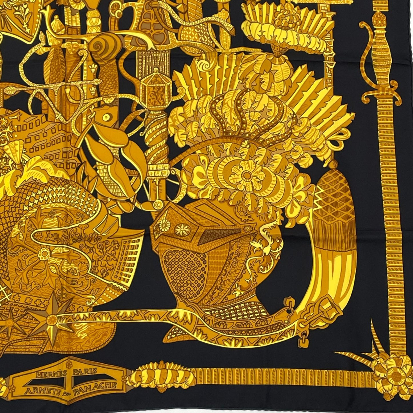 Hermes Carre 90 Armets en Panache Feathered Cavalry Helmet Black Gold Scarf Silk — view 5