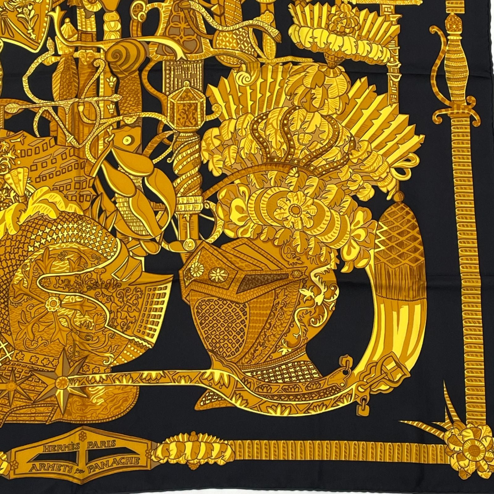 Hermes Carre 90 Armets en Panache Feathered Cavalry Helmet Black Gold Scarf Silk — view 5