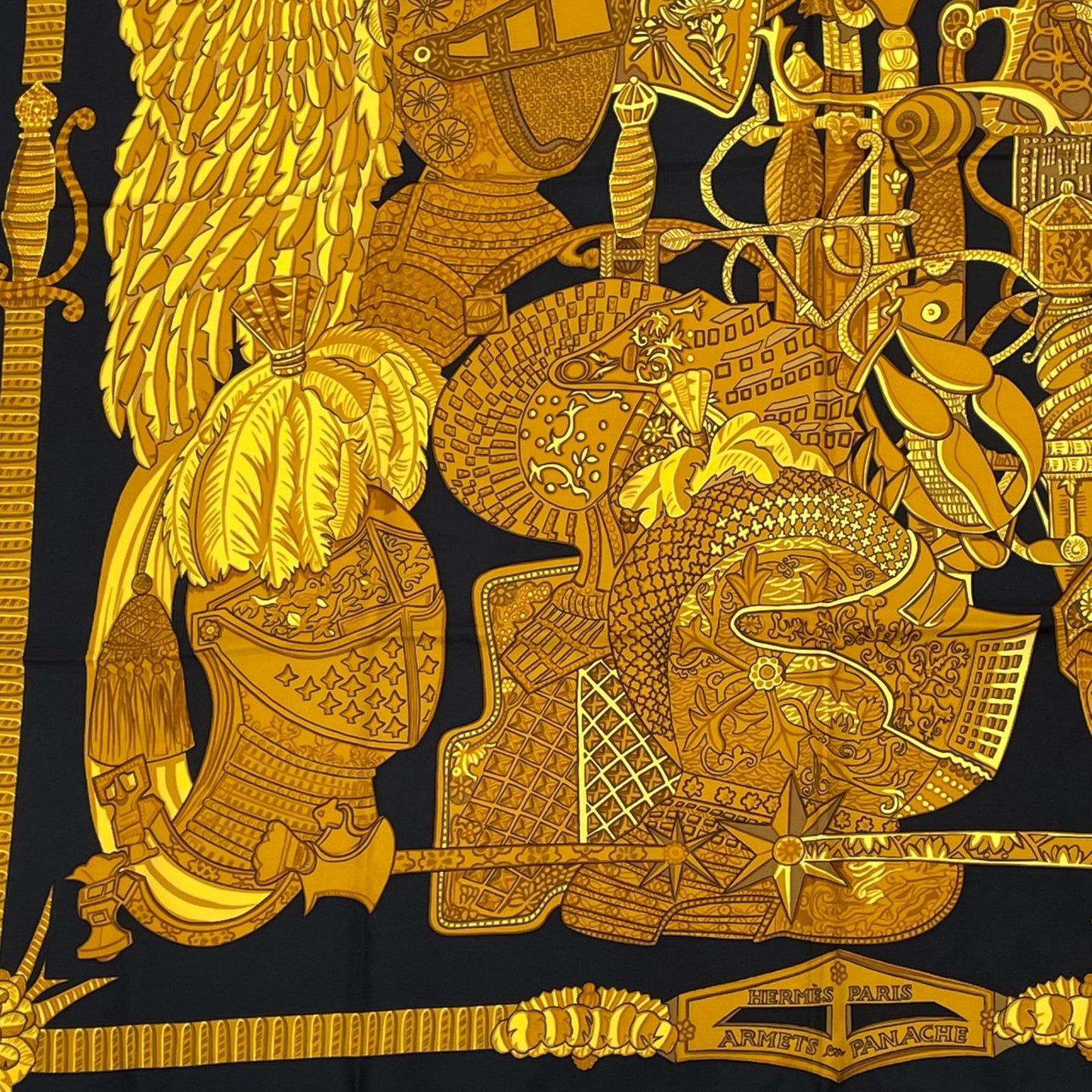 Hermes Carre 90 Armets en Panache Feathered Cavalry Helmet Black Gold Scarf Silk — view 4