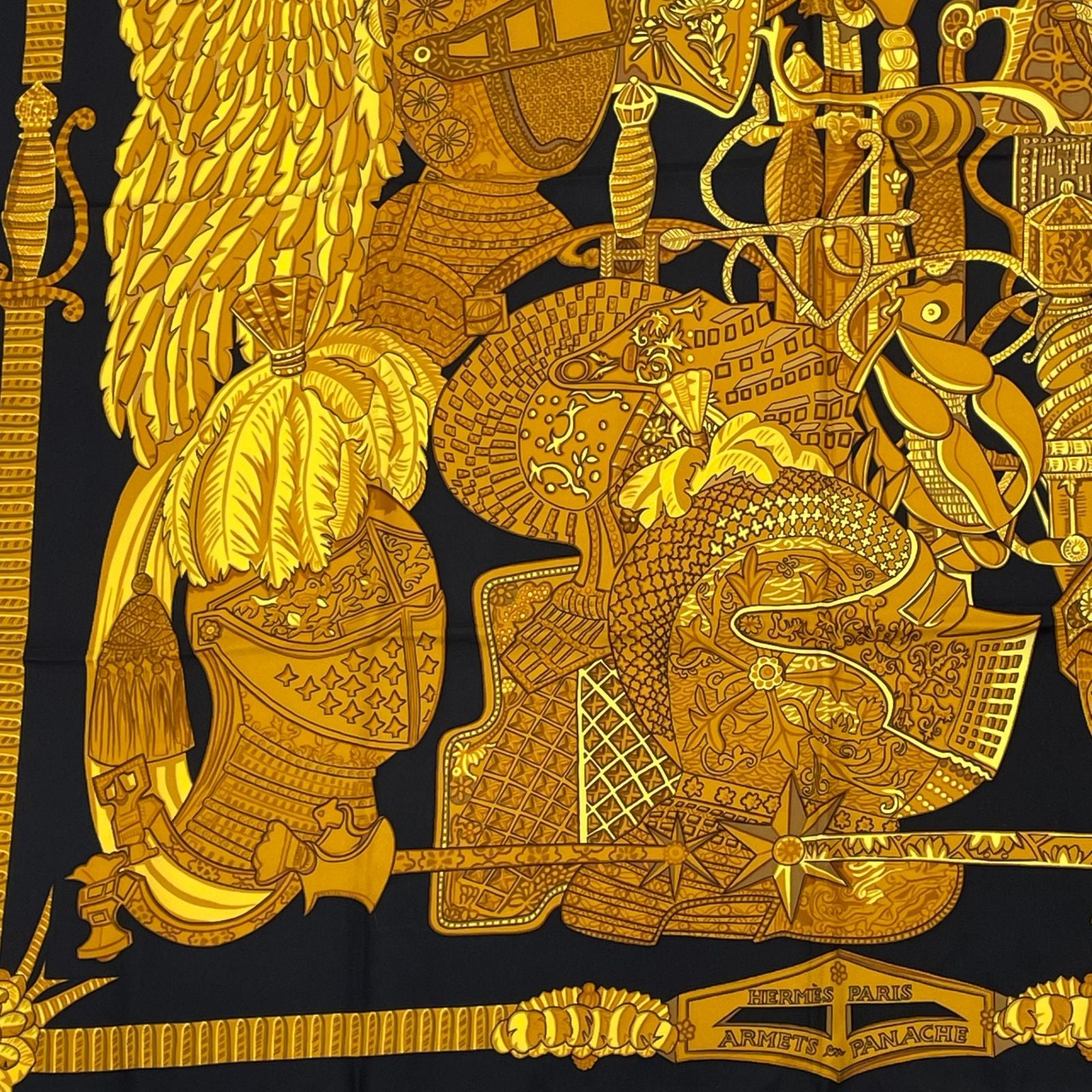 Hermes Carre 90 Armets en Panache Feathered Cavalry Helmet Black Gold Scarf Silk — view 4
