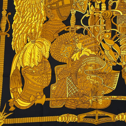 Hermes Carre 90 Armets en Panache Feathered Cavalry Helmet Black Gold Scarf Silk — view 4