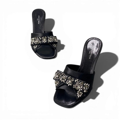 Louis Vuitton Bijou Rhinestone Diva Black Satin Leather Mules — view 4