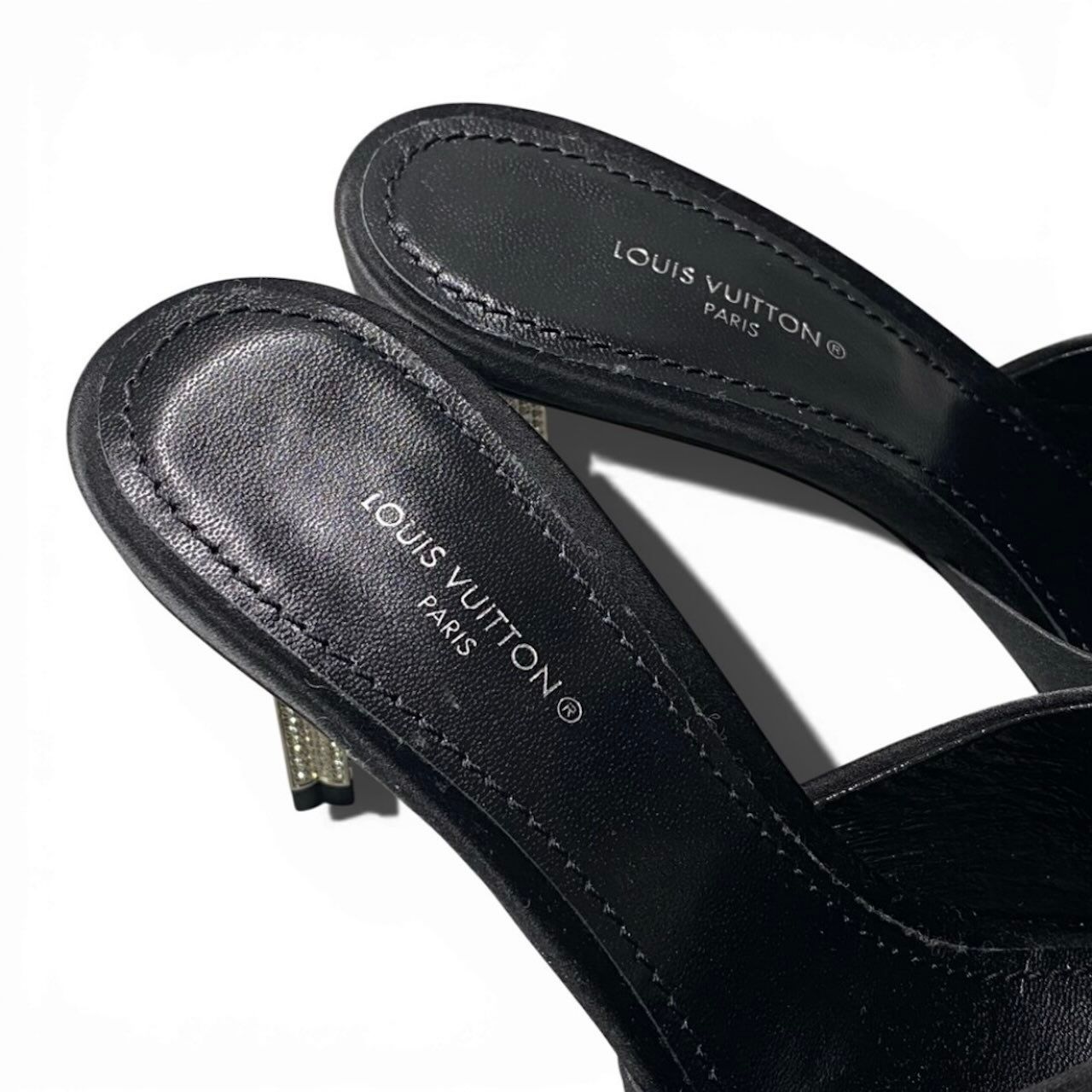 Louis Vuitton Bijou Rhinestone Diva Black Satin Leather Mules — view 7