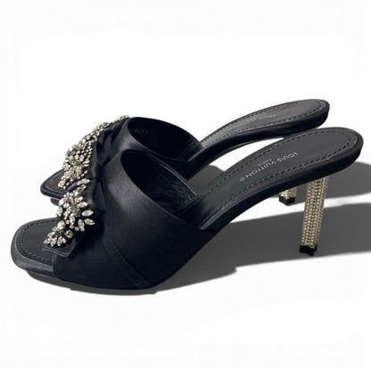 Louis Vuitton Bijou Rhinestone Diva Black Satin Leather Mules — view 2
