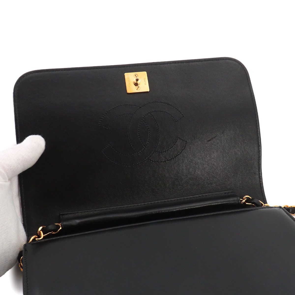 Chanel Quilted Chain Shoulder Bag Lambskin Black Gold Push Lock — view 8