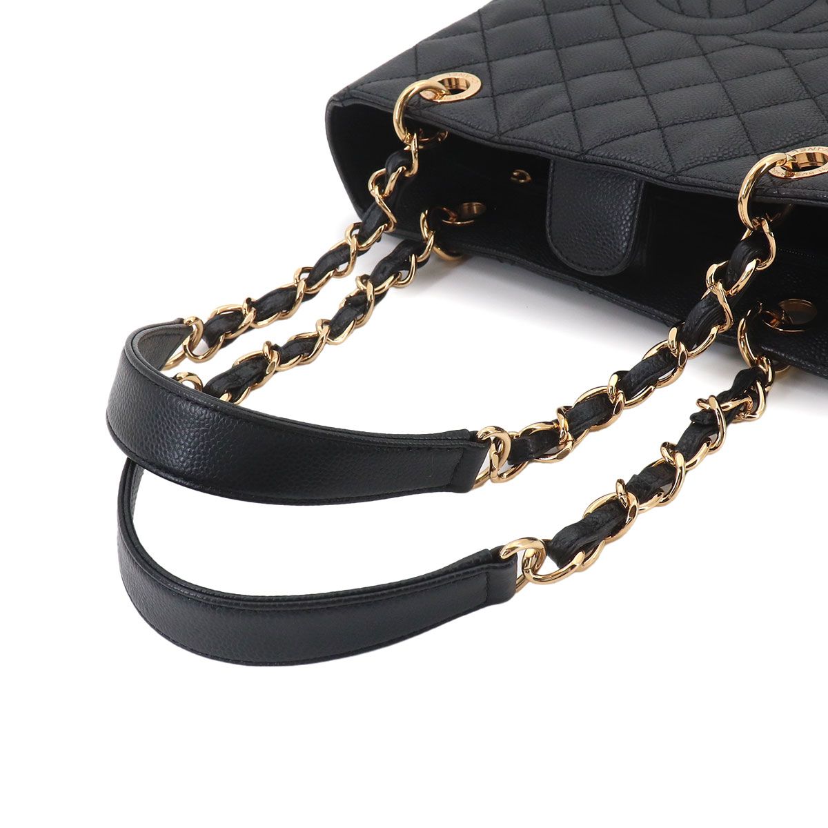 Chanel Quilted Petite Shopping Tote PST Chain Caviar Leather Black Gold — view 6