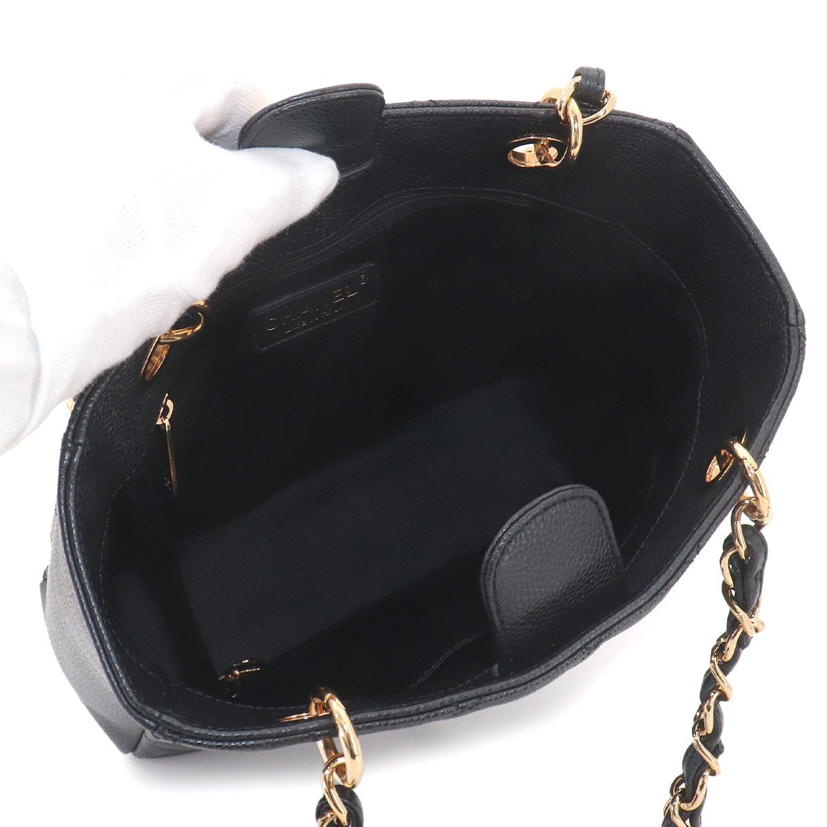 Chanel Quilted Petite Shopping Tote PST Chain Caviar Leather Black Gold — view 7