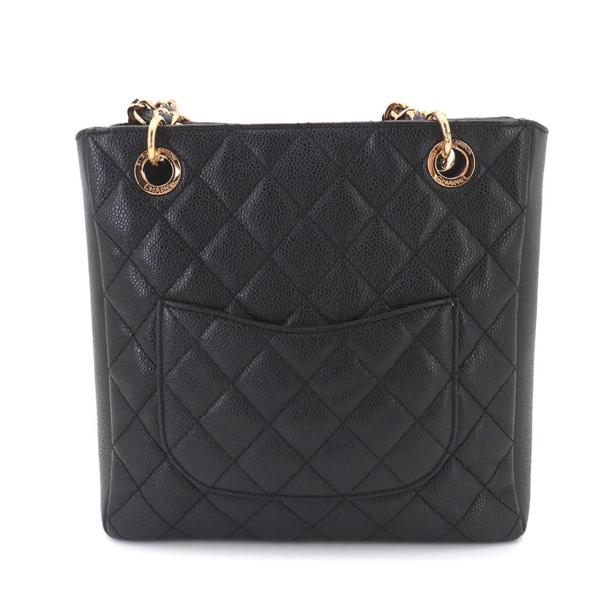 Chanel Quilted Petite Shopping Tote PST Chain Caviar Leather Black Gold — view 3
