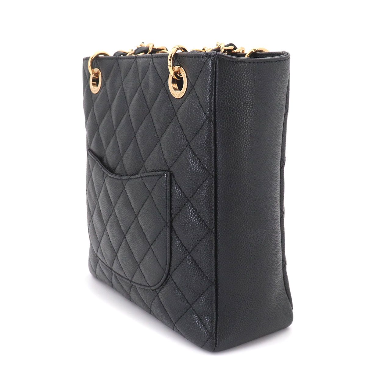 Chanel Quilted Petite Shopping Tote PST Chain Caviar Leather Black Gold — view 4