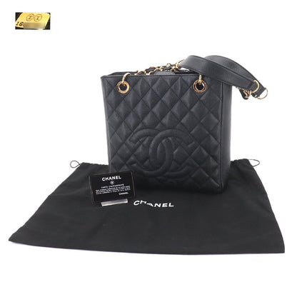 Chanel Quilted Petite Shopping Tote PST Chain Caviar Leather Black Gold — view 2