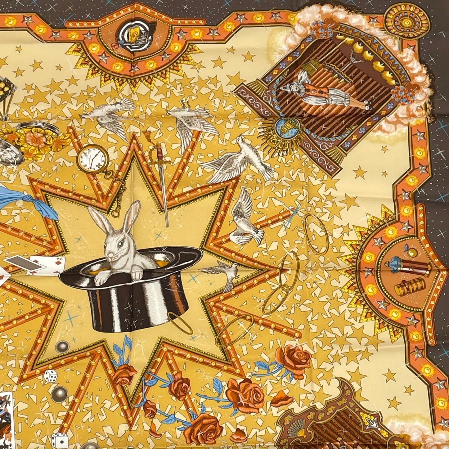 Hermes Carre 90 la Magie Magic Rabbit Pigeon Clown Silk Brown Scarf — view 3