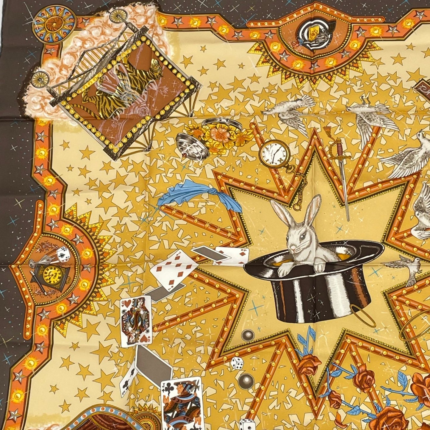 Hermes Carre 90 la Magie Magic Rabbit Pigeon Clown Silk Brown Scarf — view 2