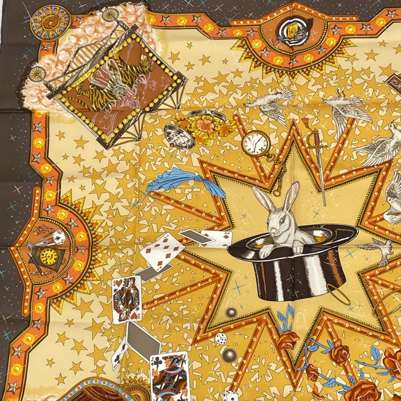 Hermes Carre 90 la Magie Magic Rabbit Pigeon Clown Silk Brown Scarf — view 2