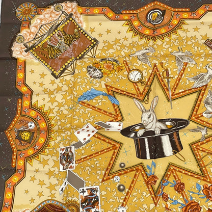 Hermes Carre 90 la Magie Magic Rabbit Pigeon Clown Silk Brown Scarf — view 2
