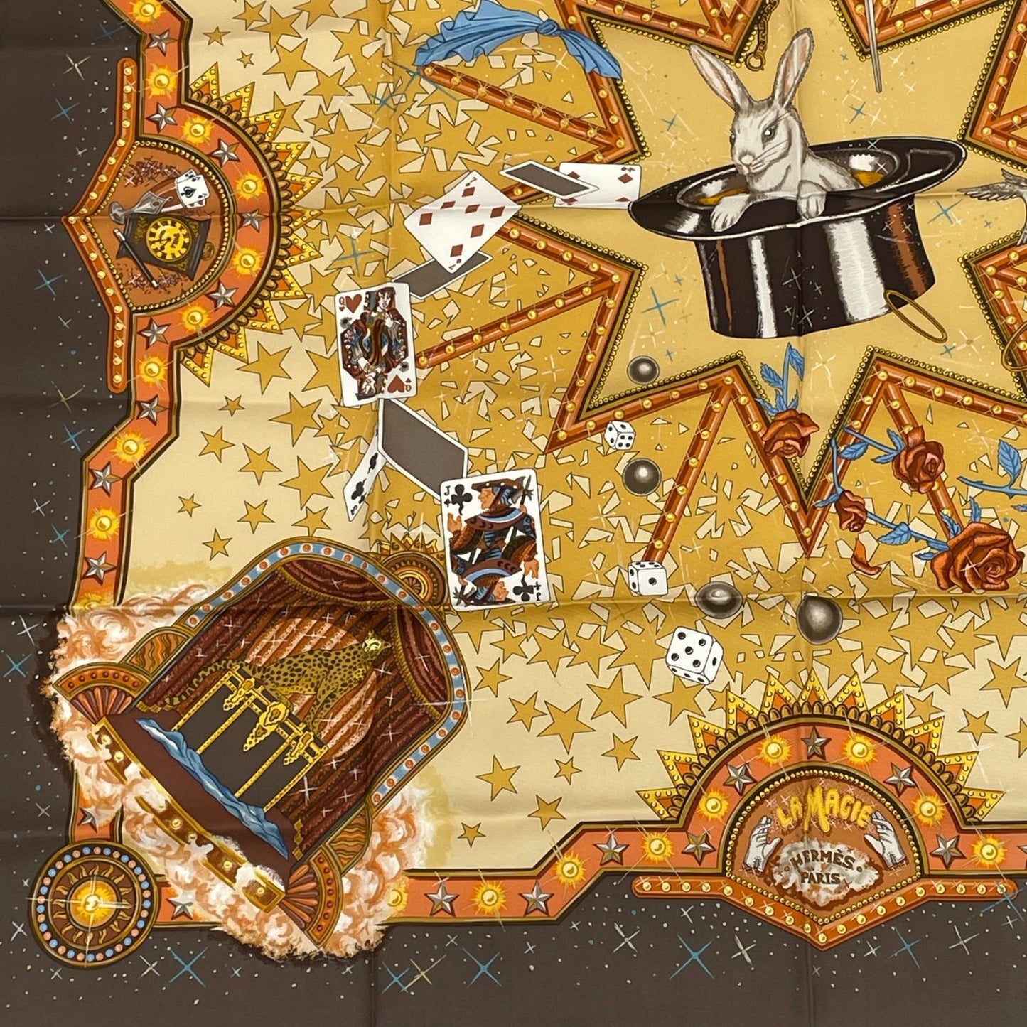 Hermes Carre 90 la Magie Magic Rabbit Pigeon Clown Silk Brown Scarf — view 4