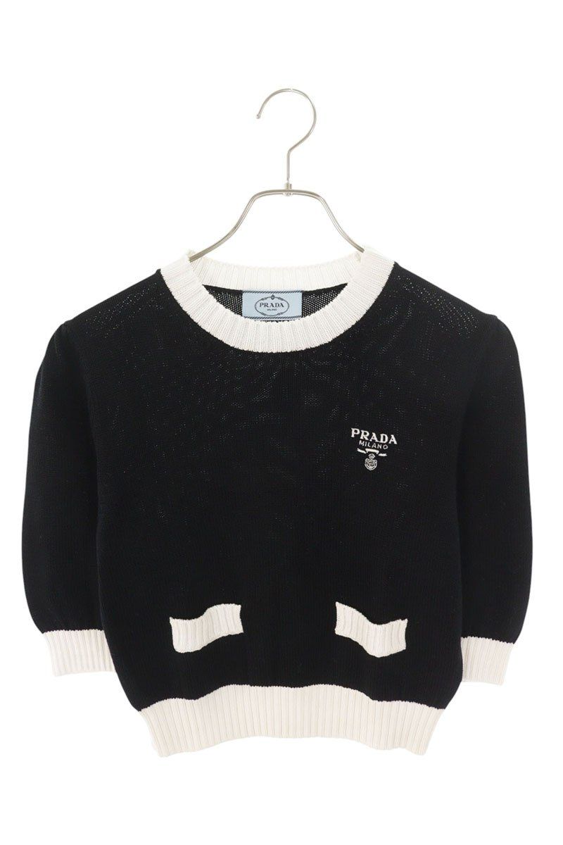 Prada Logo Embroidery Cropped Short Sleeve Knit 36 Sweater